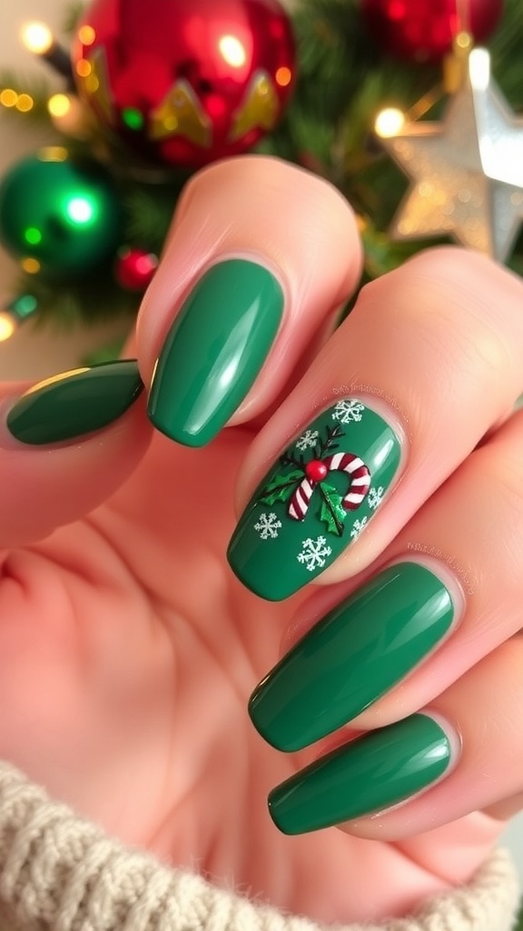 Close-up of green dip powder Christmas nails with festive designs, surrounded by holiday decorations.